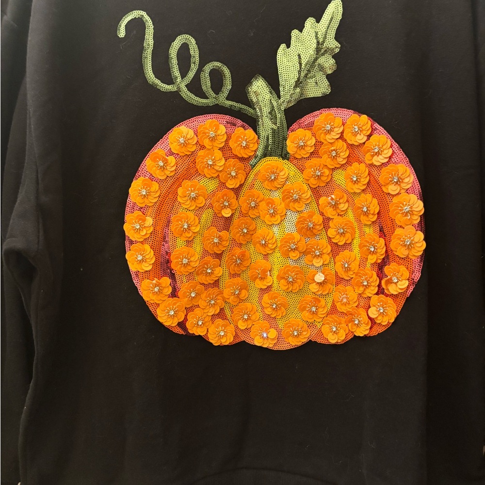 Queen of Sparkles Black & Orange Flower Sequin Pumpkin Sweatshirt NWOT MEDIUM